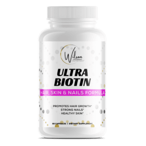 The Ultra Biotin product offers enhanced benefits for promoting healthy skin and strengthening nails.