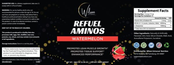 The label for Refuel Aminos Watermelon, packed with refuel BCAAs.