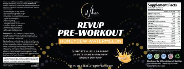 A bottle of REVUP Pre-Workout Honey Dew Watermelon with watermelon.