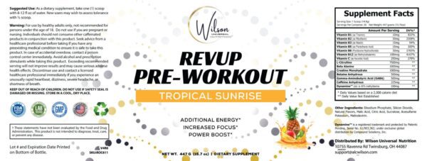 REVUP Pre-Workout Tropical Sunrise in tropical sunrise flavor.