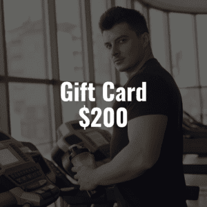 A man standing on a treadmill with the text Gift Card $200.