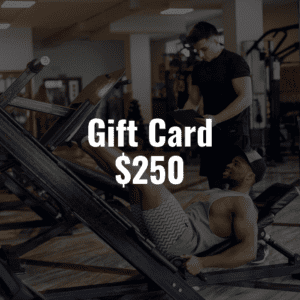 Two men in a gym with the text gift card $250.