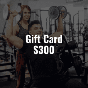 A man and woman in a gym holding dumbbells with the text gift card $300.