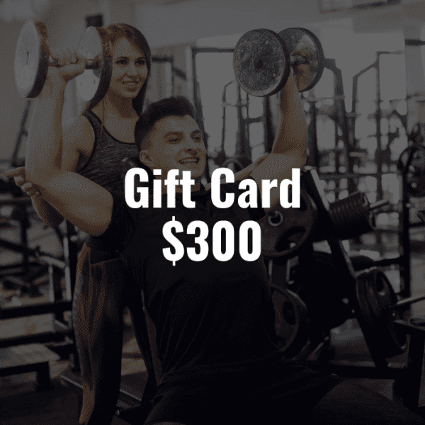 A man and woman in a gym holding dumbbells with the text gift card $300.