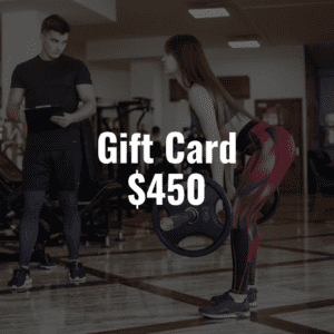 A woman and a man standing in a gym with a Gift Card $450.