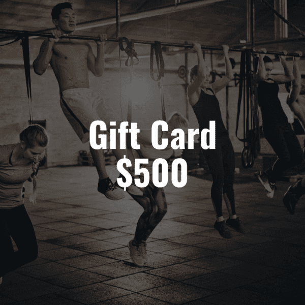 A group of people doing pull ups in a gym with the Gift Card $500.